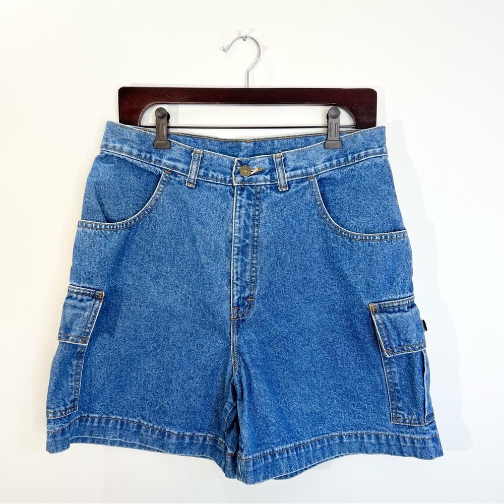 Vintage high rise 100% cotton denim jean cargo shorts 32 - Picture 2 of 8